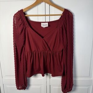 Anthropologie Sadie & Sage Women's V Neck Peplum Blouse Sheer Long Sleeves Large